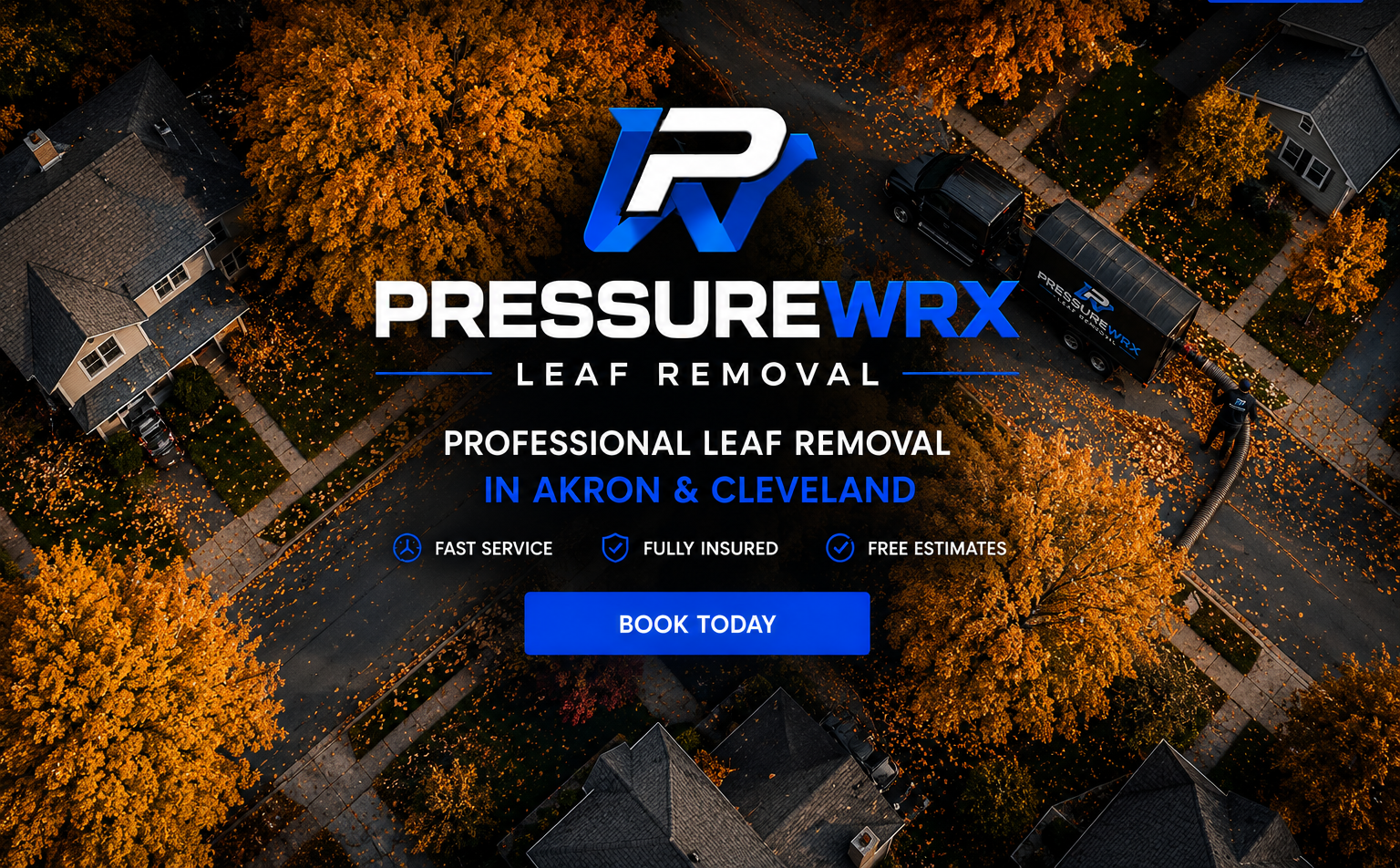 Aerial autumn neighborhood with PressureWrx leaf removal equipment